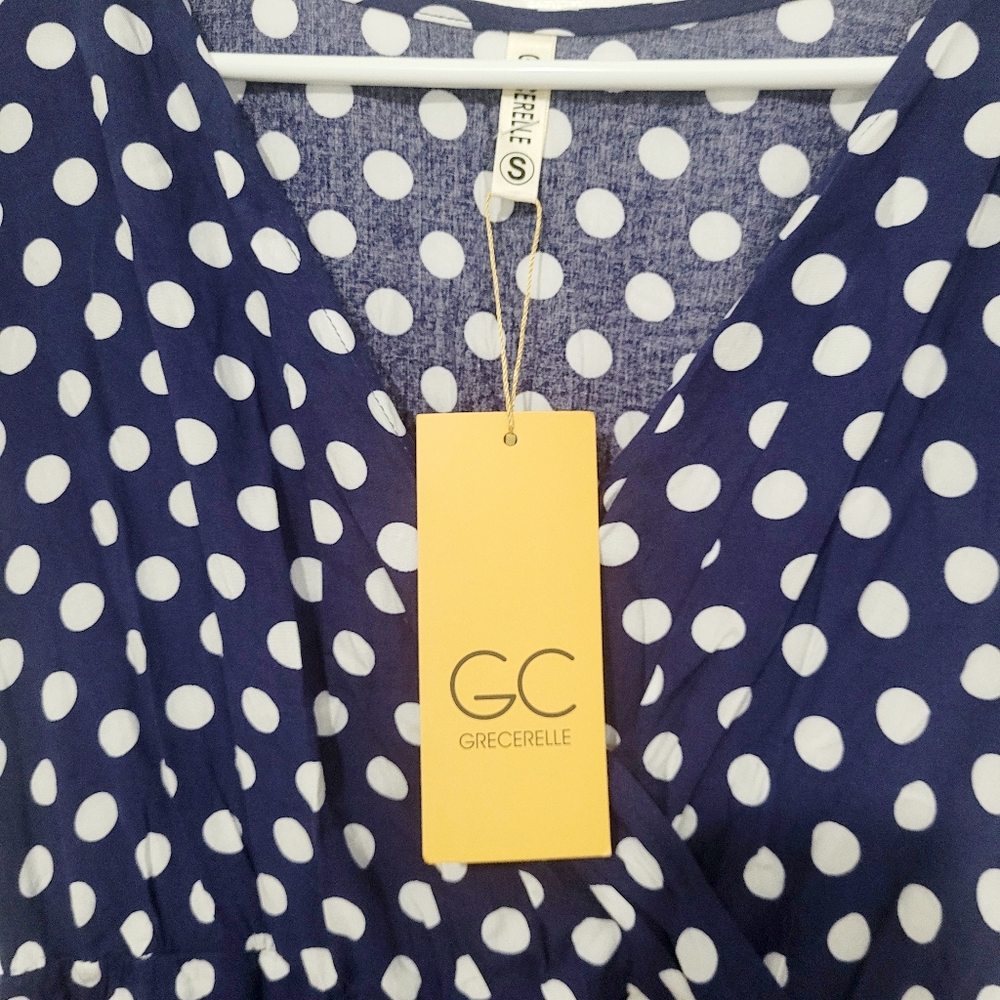 Grecelle Wrap Dress - Navy with White Polka Dots - NWT - Picture 5 of 6